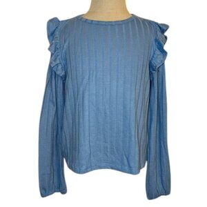 NEW Evsie Long Sleeve Ribbed Ruffled Shoulder Peplum Top Shirt Blouse Solid XS